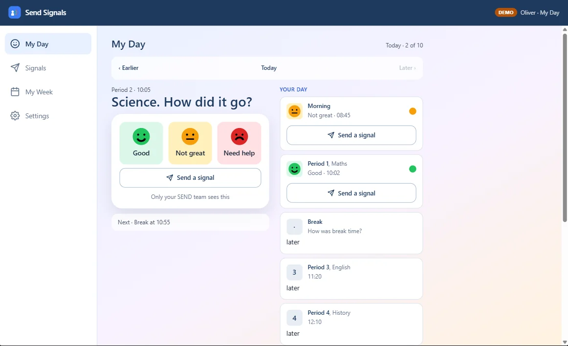 The Send Signals pupil app in a laptop browser, asking 'Science. How did it go?' with Good, Not great and Need help