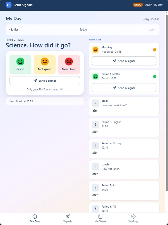 The Send Signals pupil app on a tablet, with the same three faces for Science